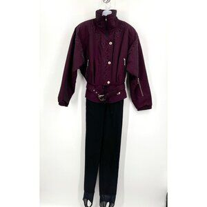 Vintage 80s 90s Ski Bunny Snow Suit Stirrup Leggings Purple with Cord Embroidery
